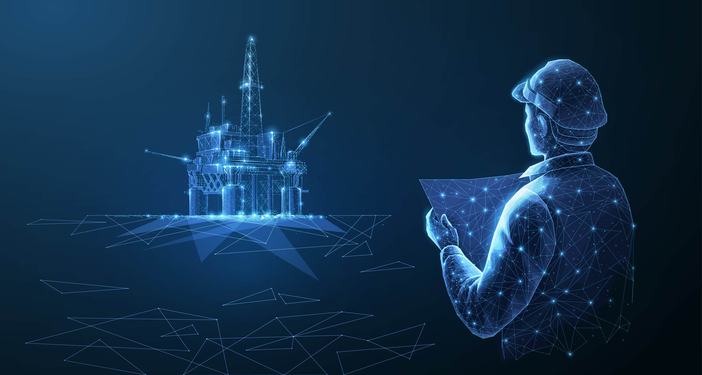 Engineer and oil rig. Abstract floating rig platform on blue. Gas platform, offshore drilling, refinery plant, petroleum industry, energy resource, innovation well drilling, oilfield equipment concept